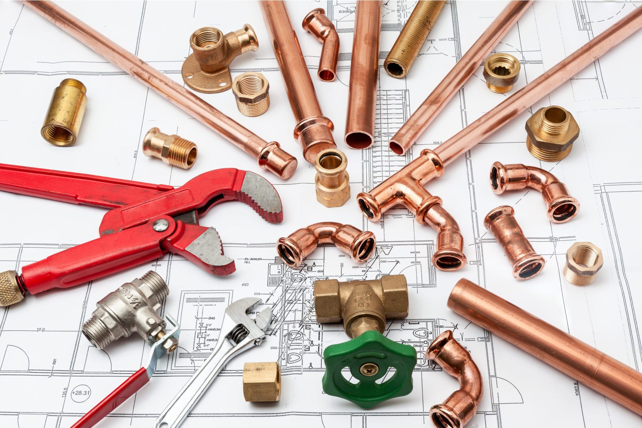 Copper pipes, fittings, valves, and plumbing tools in Marietta