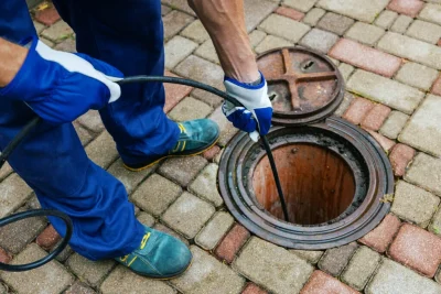 Plumber cleaning an outdoor sewer drain in Marietta