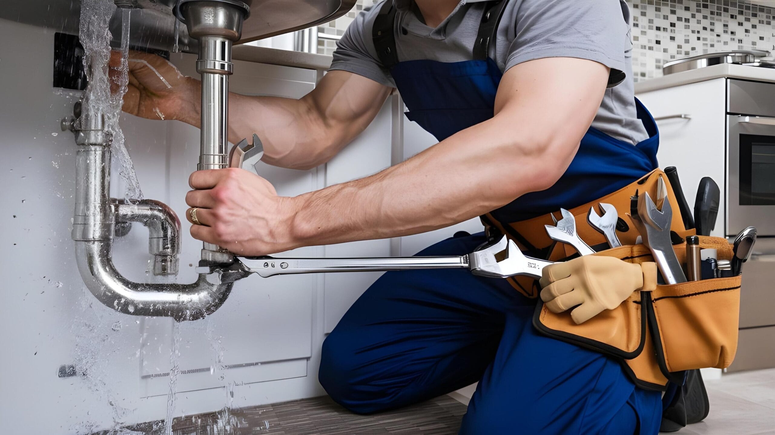 Plumber tightening a residential plumbing pipe in Marietta