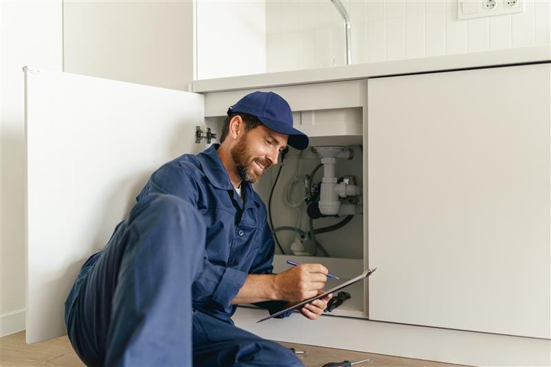 Residential plumber reviewing plumbing repairs in a Marietta kitchen
