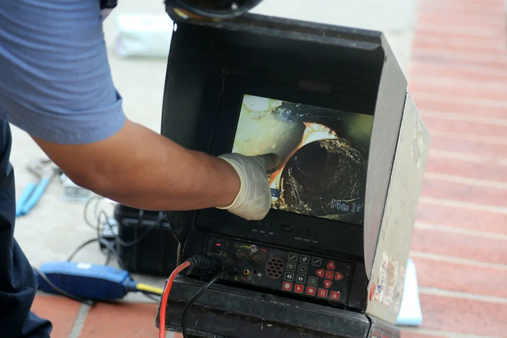 Technician viewing a drain inspection camera in Marietta