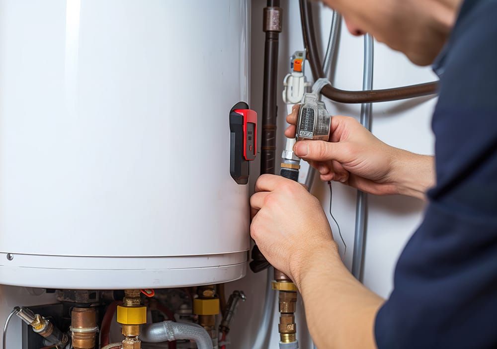 Technician repairing pipes connected to a water heater in Marietta
